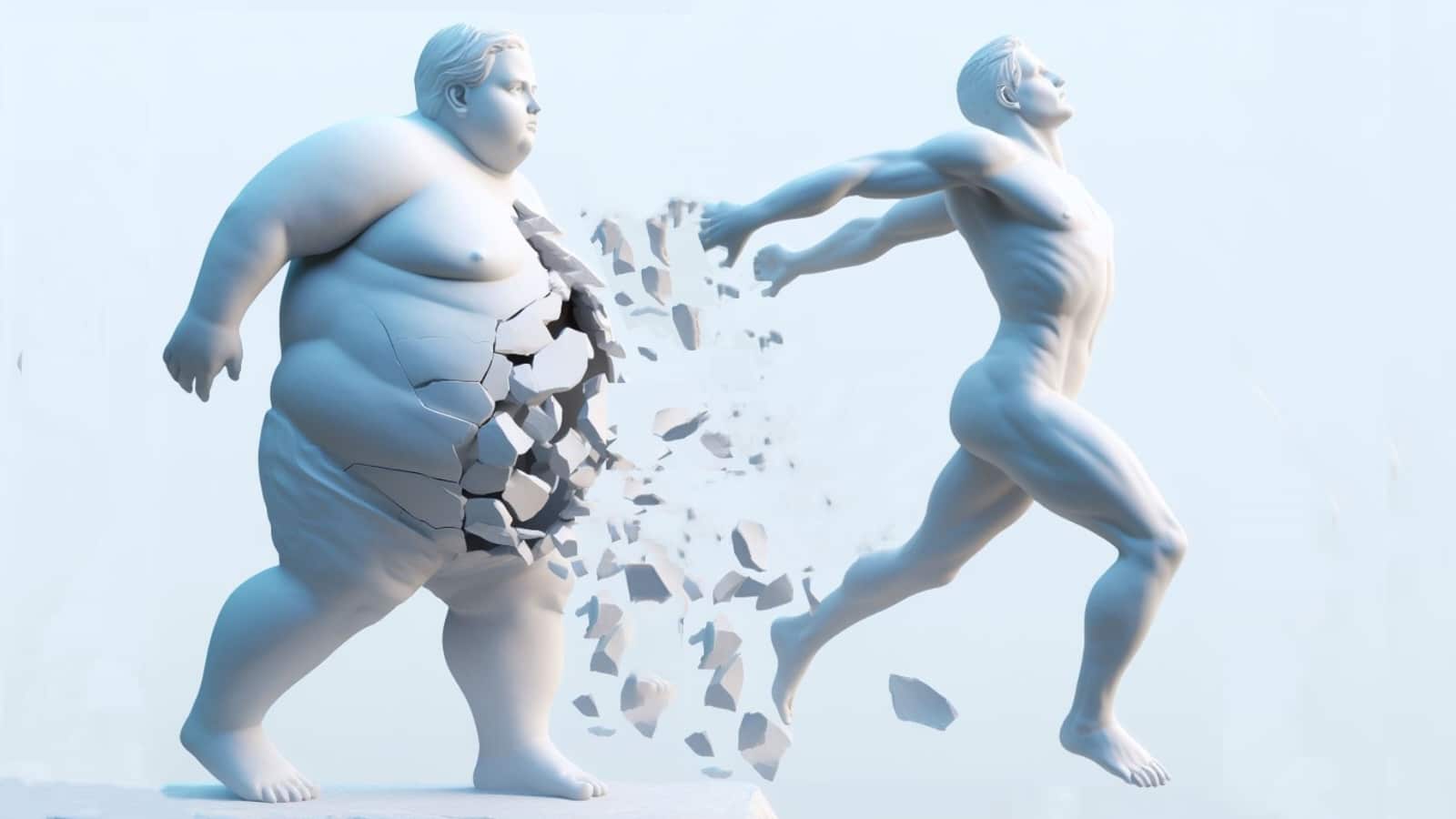 A man breaking free from an overweight statue