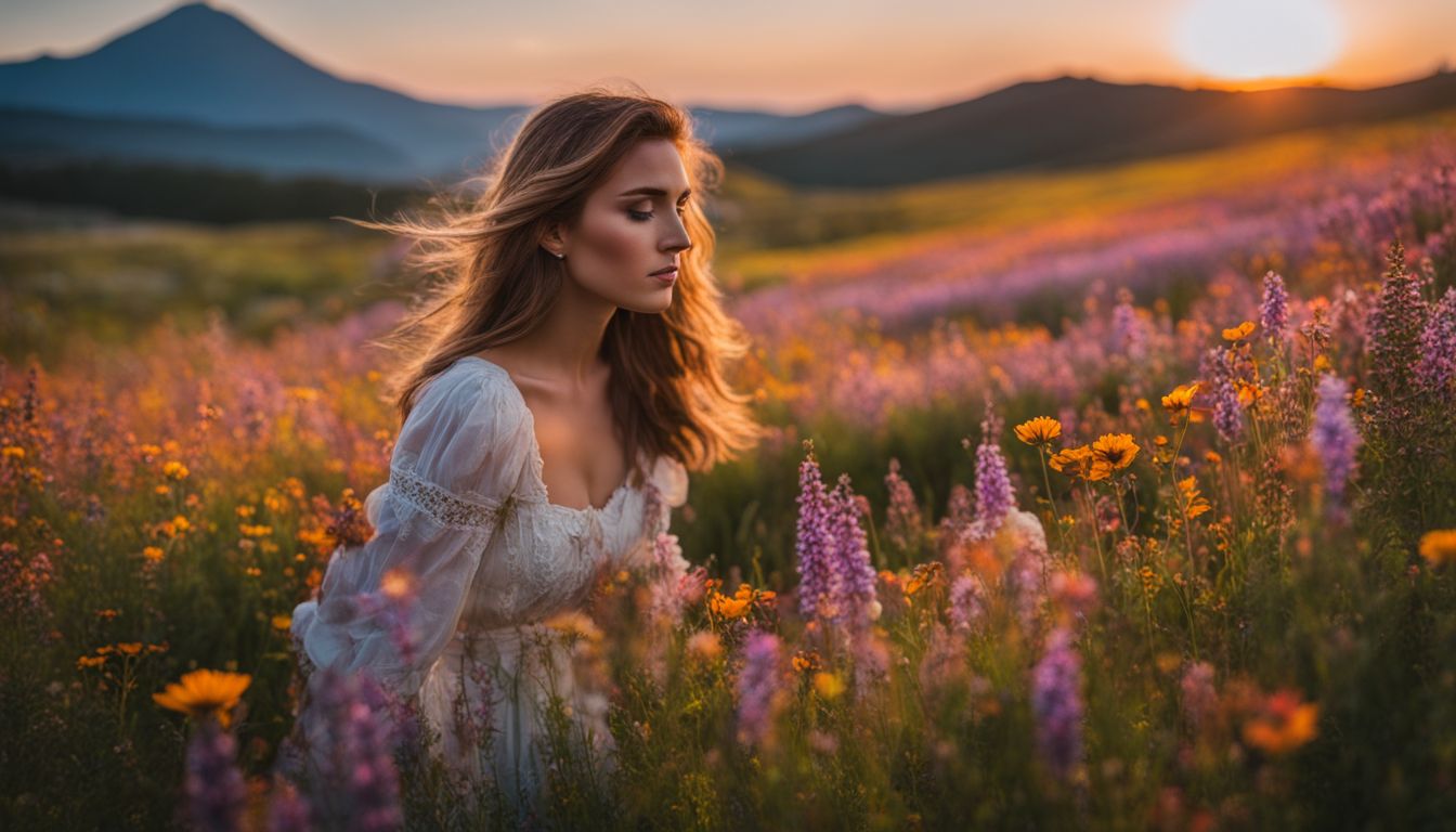 A field of colorful wildflowers with a vibrant sunset in the background.